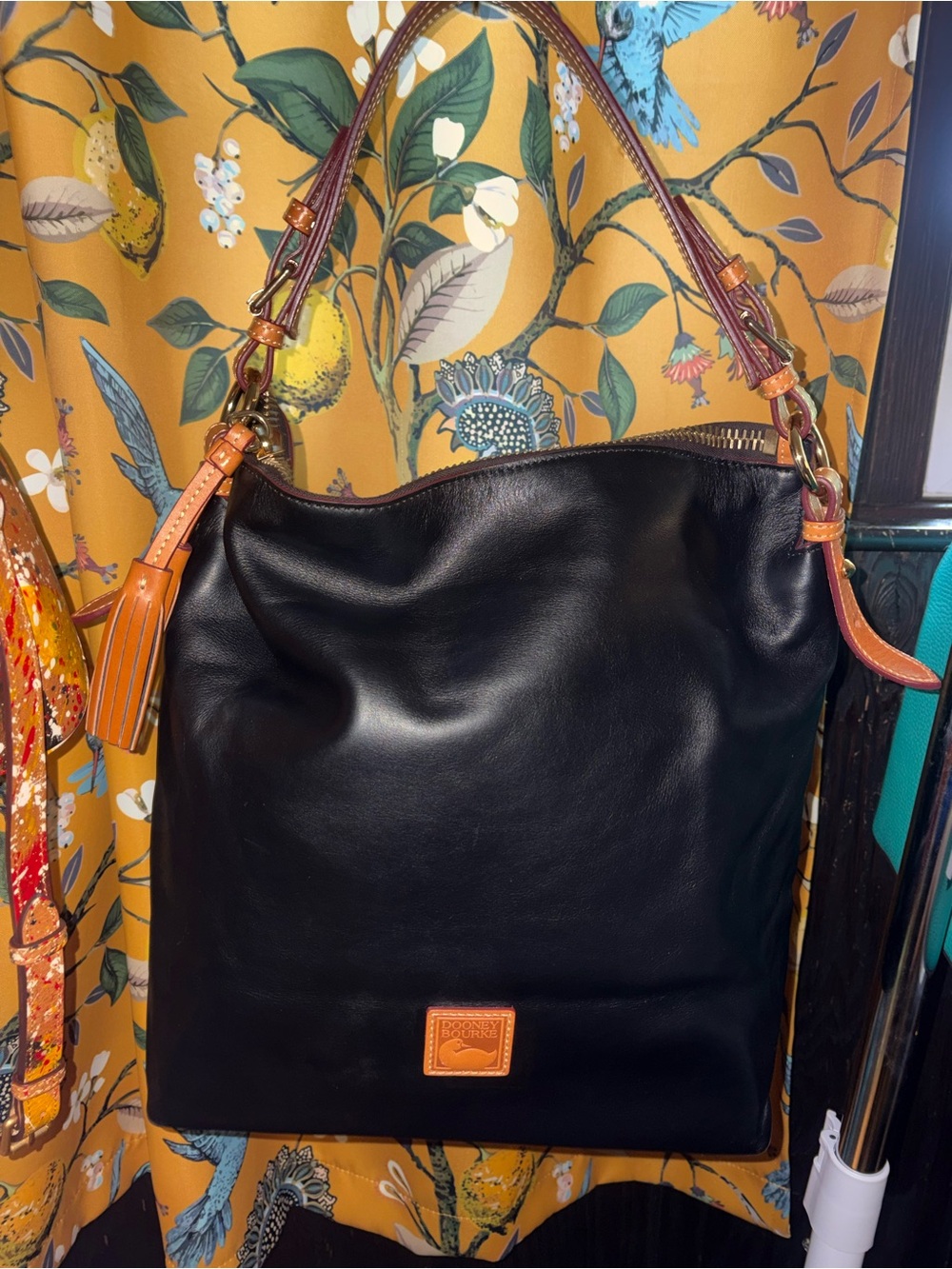 Dooney & Bourke Black Wexford Smooth Leather Hobo Bag with Tan Trim